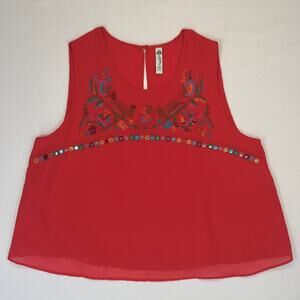 American Rag Cie Womens XXL Embroidered Sleeveless Boho Festival Top Red Floral